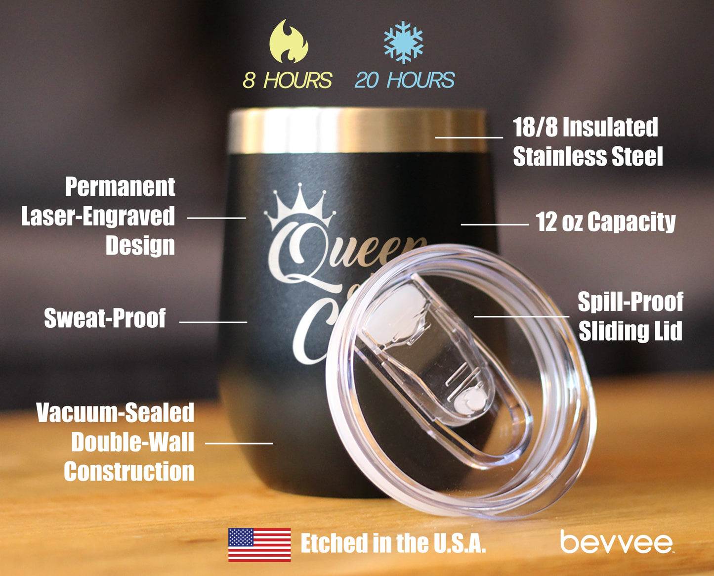 Queen Of The Court - Wine Tumbler Glass with Sliding Lid - Stainless Steel Travel Mug - Pickleball Gifts for Women