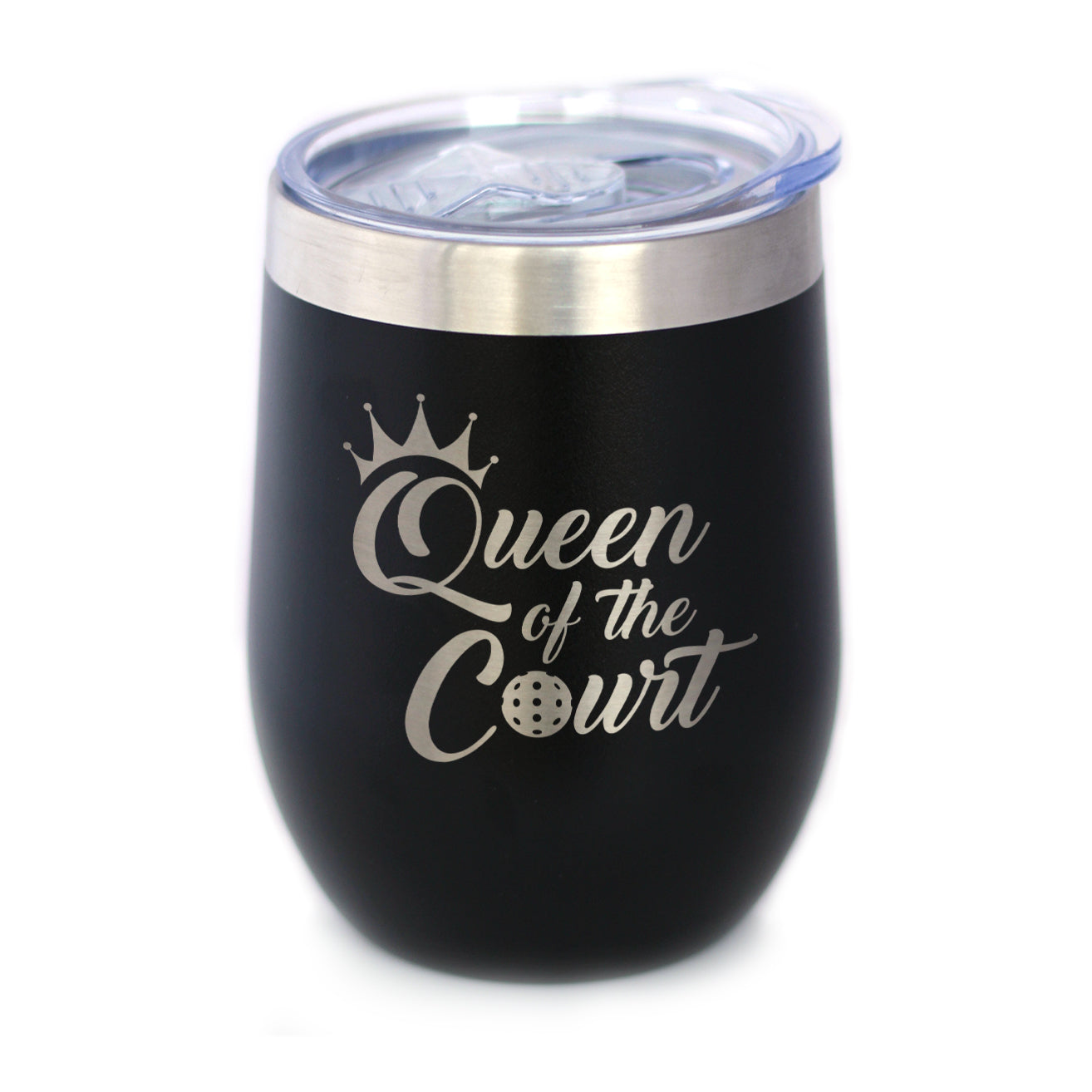 Queen Of The Court - Wine Tumbler Glass with Sliding Lid - Stainless Steel Travel Mug - Pickleball Gifts for Women