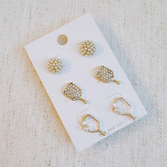Pickle Ball Stud Earrings Set Of 3