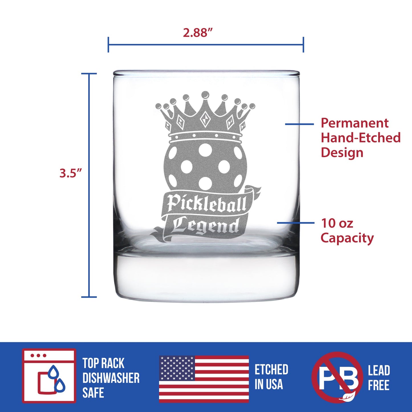Pickleball Legend Engraved Rocks Glass Gifts for Picklers Weighted Whiskey Glasses - 10.25 oz