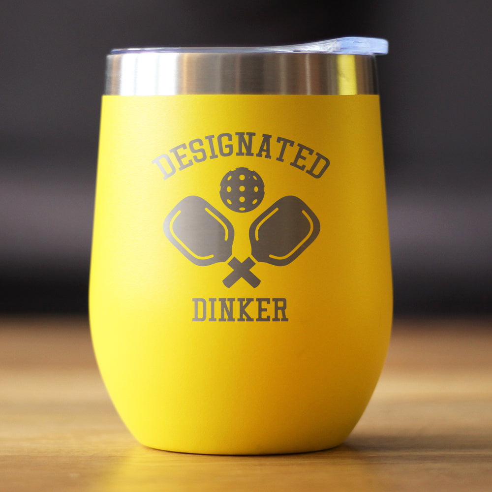 Designated Dinker - Wine Tumbler Glass with Sliding Lid - Stainless Steel Insulated Mug - Funny Pickleball Themed Gifts and Decor