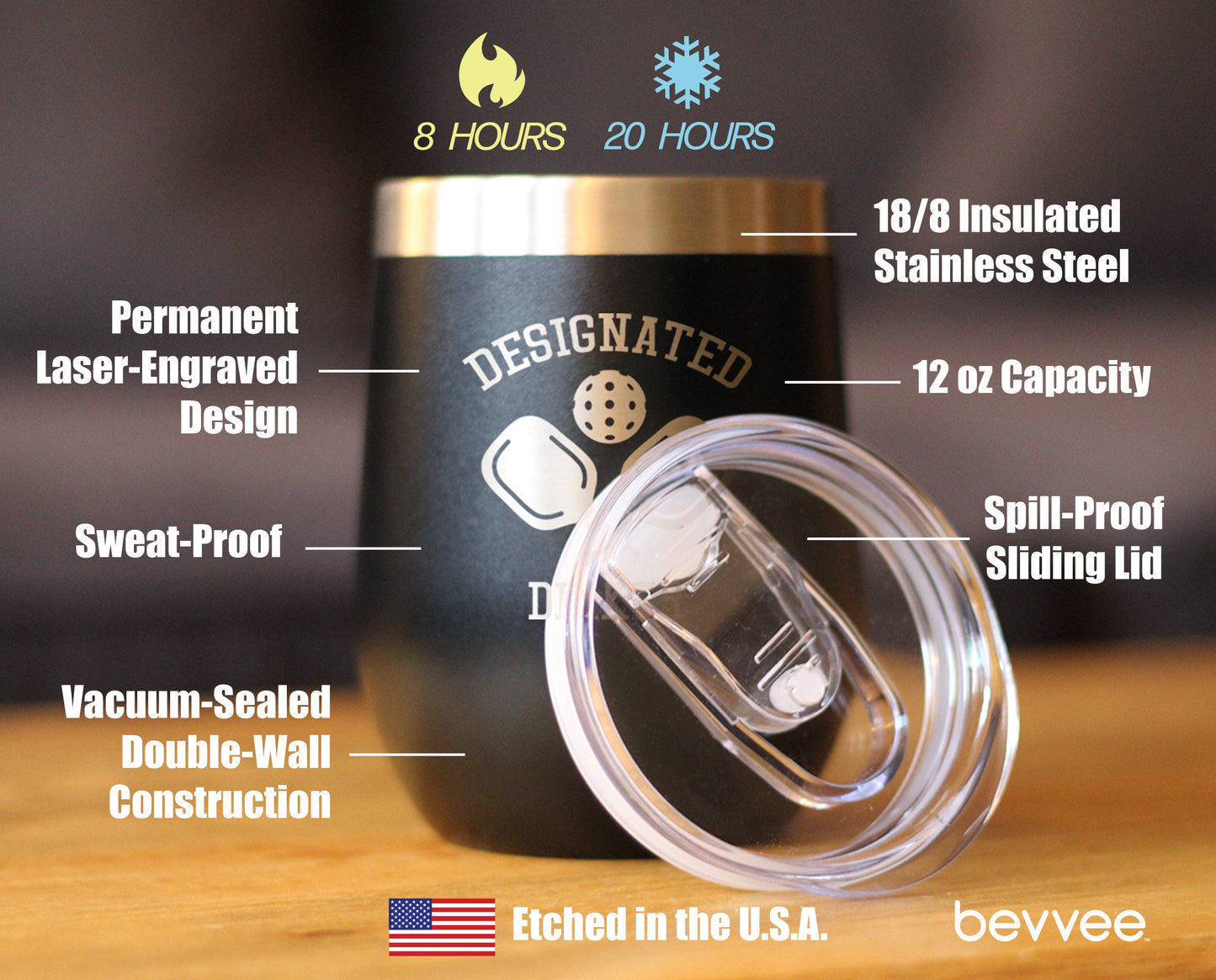 Designated Dinker - Wine Tumbler Glass with Sliding Lid - Stainless Steel Insulated Mug - Funny Pickleball Themed Gifts and Decor