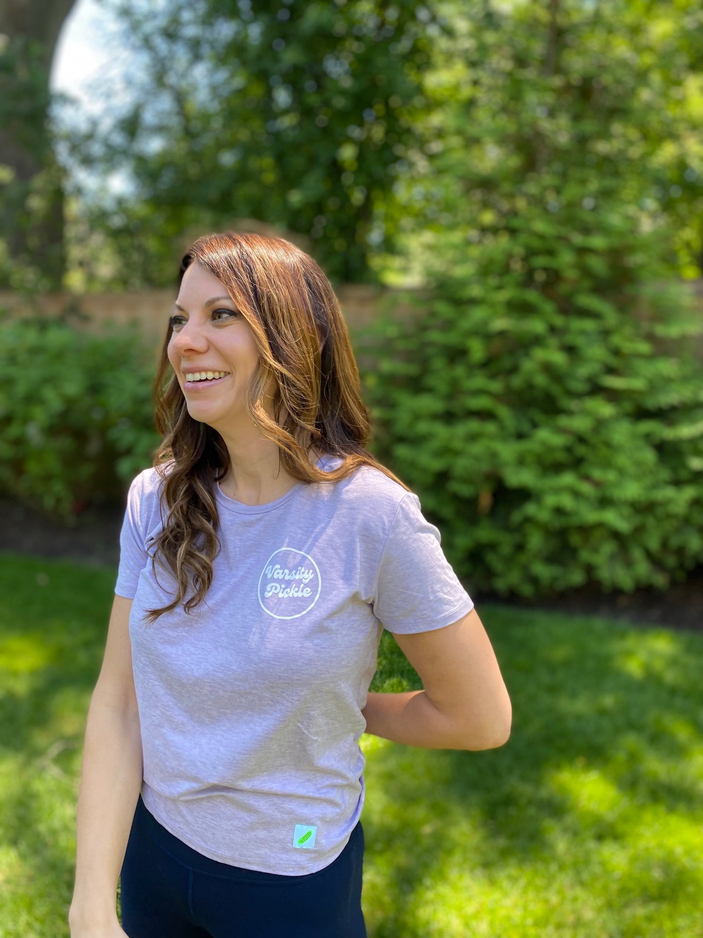 Varsity Pickle Women's Performance Tech Short Sleeve Shirt Circle Logo (Lilac)