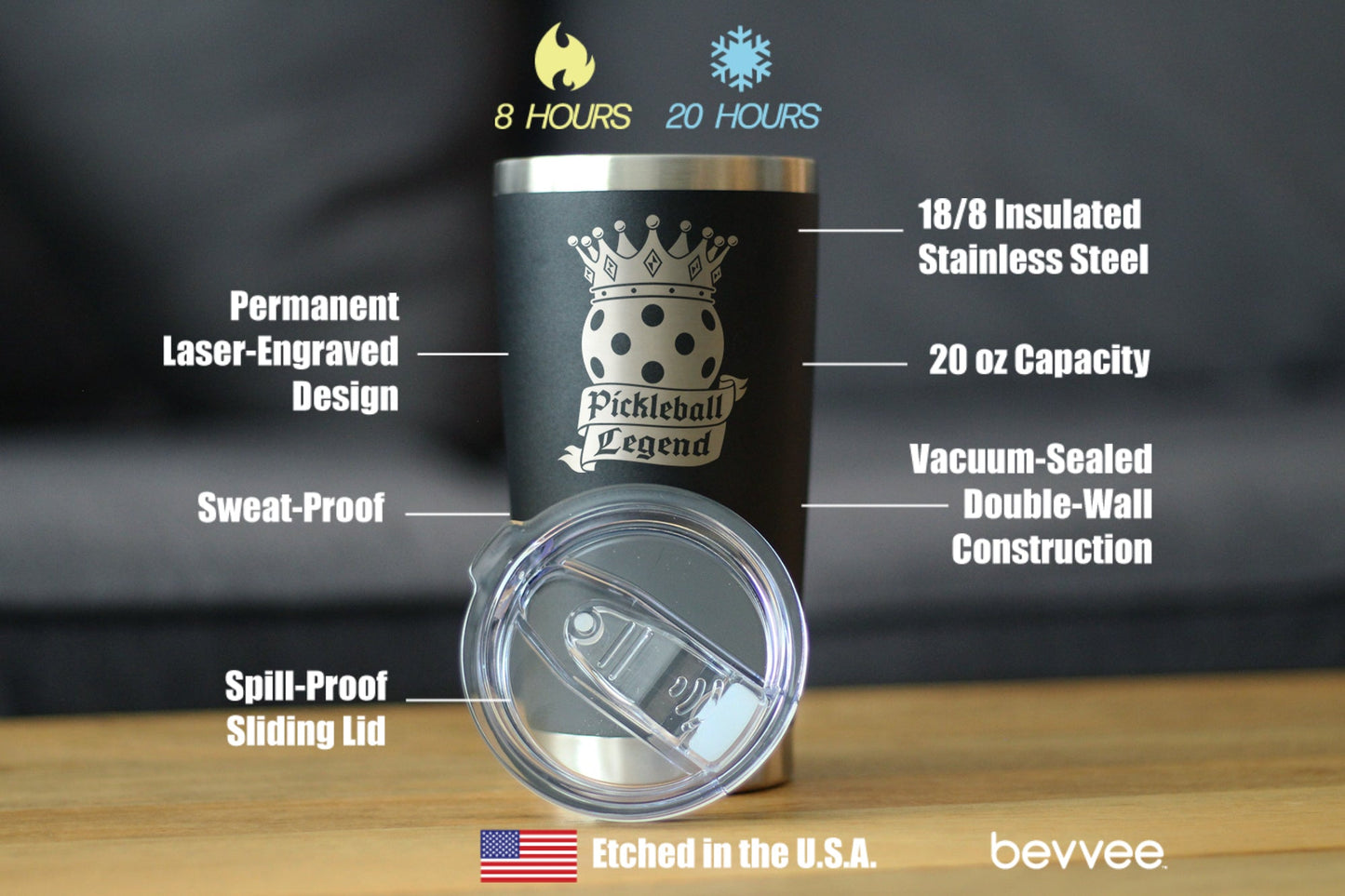 Pickleball Legend Insulated Coffee Tumbler with Sliding Lid Gifts for Picklers 20oz Stainless Steel Tumbler