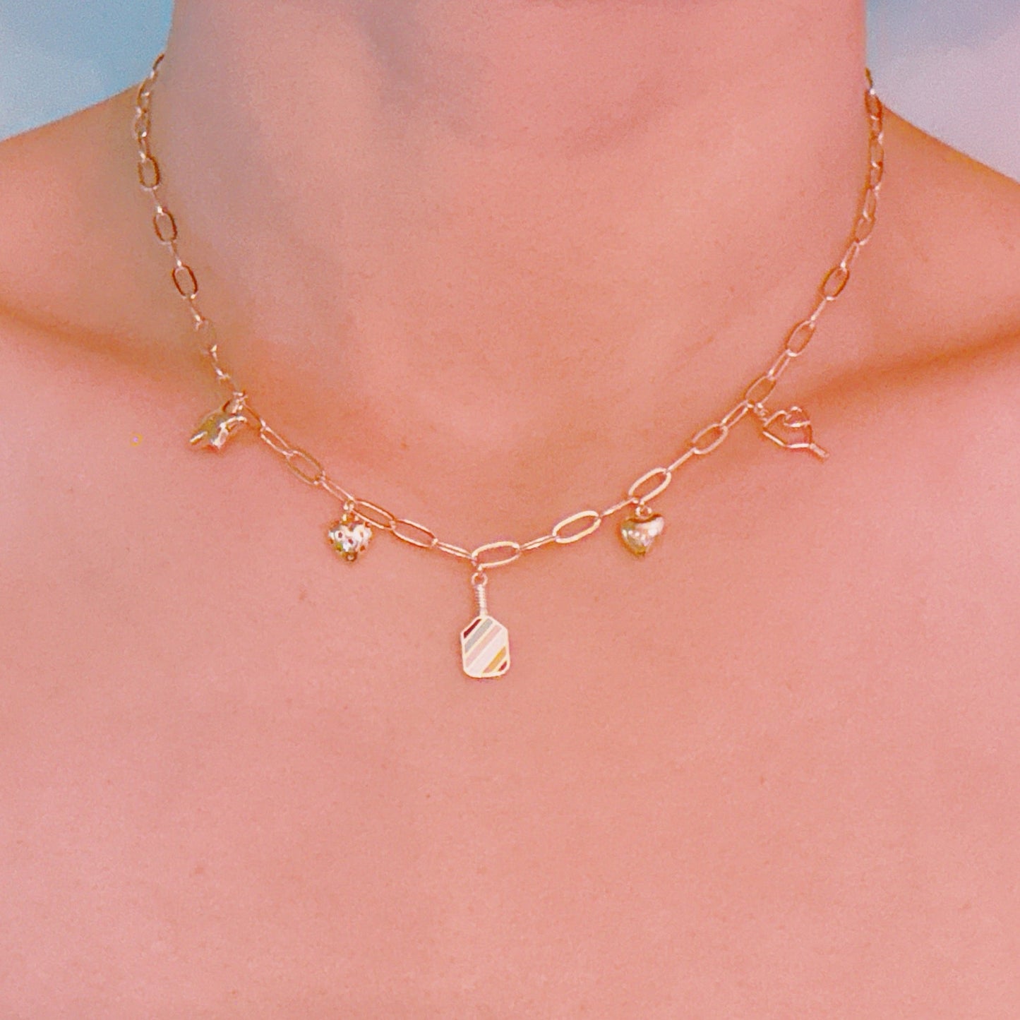 Pickleball Play Charm Necklace – Gold Chain with Playful Pickleball-Inspired Charms