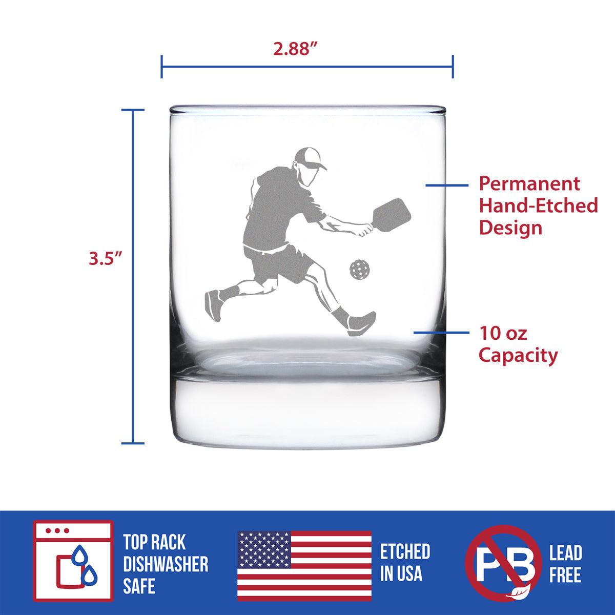 Pickleball Player Man Rocks Glass - Pickleball Gifts and Decor for Men - 10.25 Oz Glasses